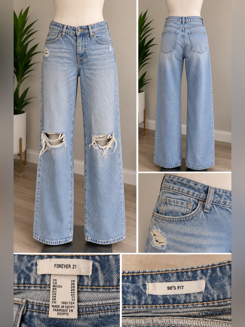 Forever 21 Light Blue High-Waist Wide Leg Ripped Jeans size 28